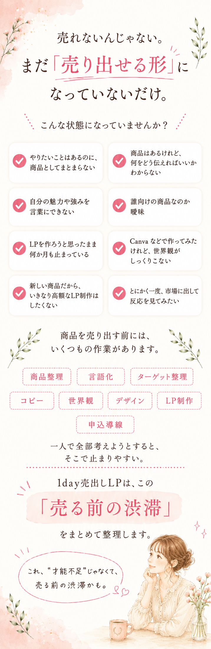 商品はあるのに売り出せる形になっていない人の悩み｜1day売り出しLP 商品整理・言語化・ターゲット整理・デザイン・LP制作・申込導線など売る前の渋滞を整理
