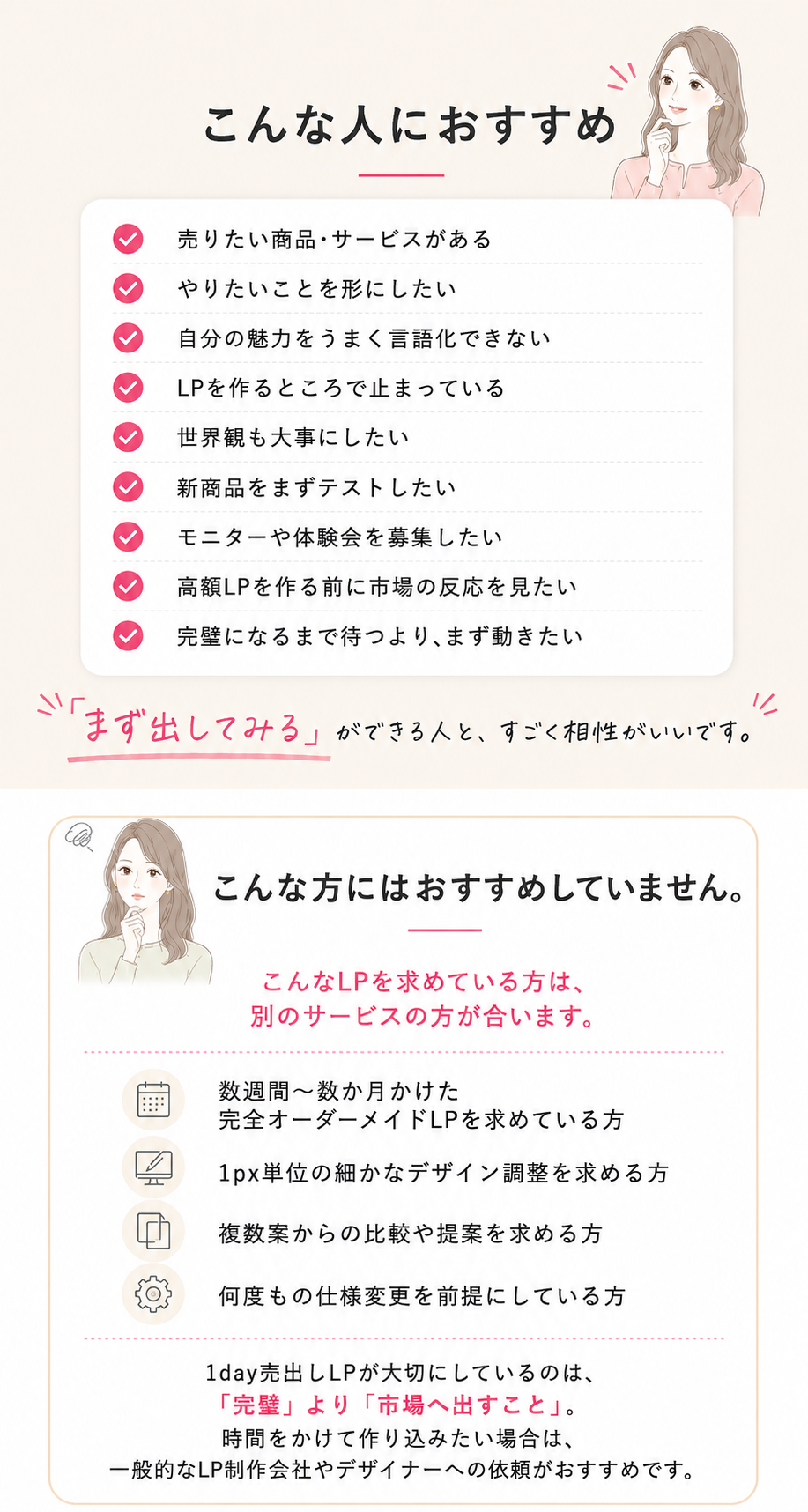1day売り出しLPがおすすめの人とおすすめしない人の特徴を案内する画像