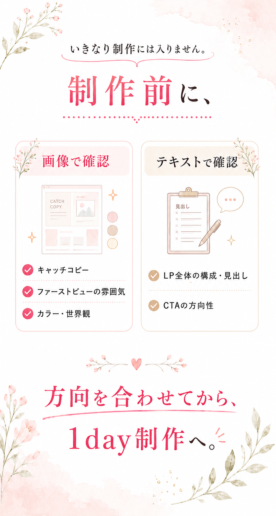 1day制作前に確認する内容｜画像で世界観を確認しテキストで構成やCTAを確認する画像